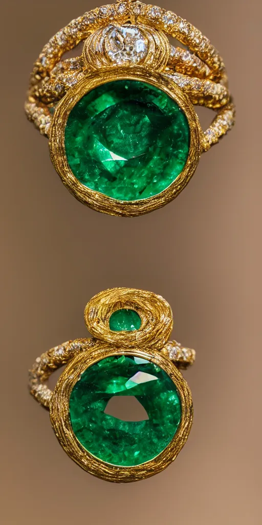 Image similar to a golden ring which is shaped in the form of an ouroboros with emerald jewels as eyes, Nikon D810, ƒ/5.6, focal length: 60.0 mm, ISO: 200