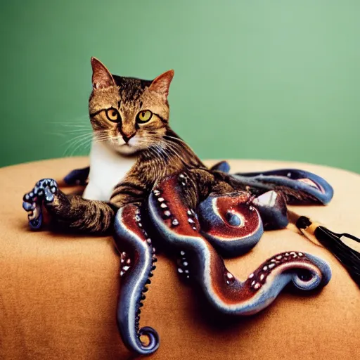 Image similar to an octopus on top of a cat, professional photography