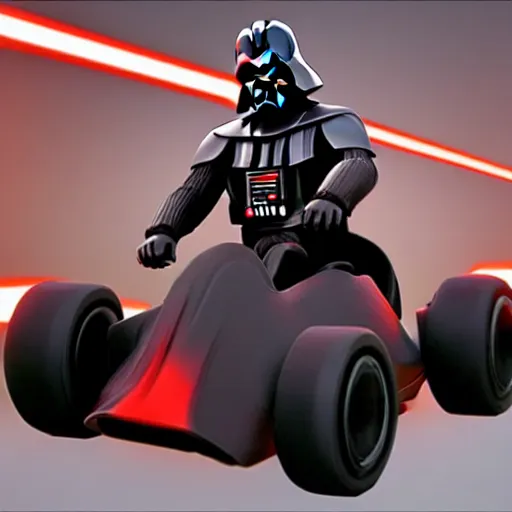Prompt: still image of darth vader driving in mario kart tour deluxe race, unreal engine, octane