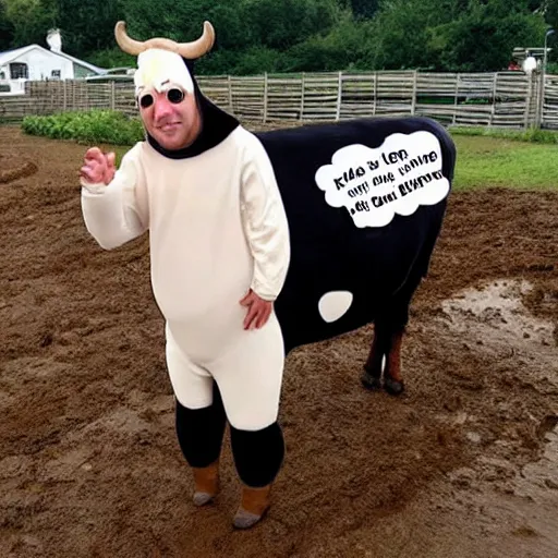 Image similar to person in a cow costume, stuck in mud, craigslist photo