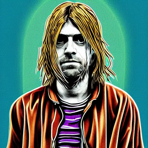 Image similar to graphic illustration, creative design, kurt cobain, biopunk, francis bacon, highly detailed, hunter s thompson, concept art, mixed media