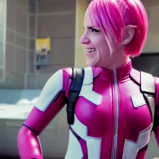 Image similar to A still of Gwenpool in Deadpool 3 (2023), blonde hair with pink highlights, no mask, white and light-pink outfit, smiling and winking at the camera, comics accurate design