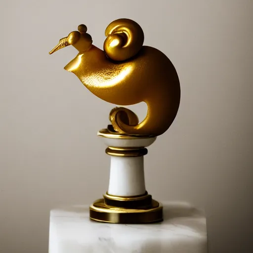 Prompt: golden snail award trophy on top of a marble pillar, white background, soft lighting