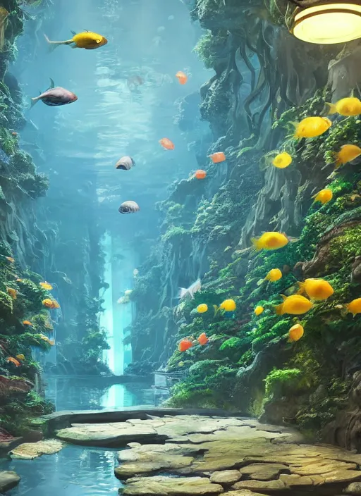 Image similar to an underground aquarium corridor, people observing lots of beautiful fish, fantastic space, water droplets, highly detailed, artstation trend, highly detailed and intricate, studio ghibli, makoto shinkai, no blur, photography, unreal engine 5
