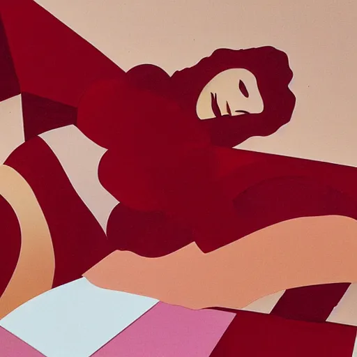 Image similar to by frank gehry crimson a e s t h e t i c, dreary. a collage of a woman reclining on a bed.