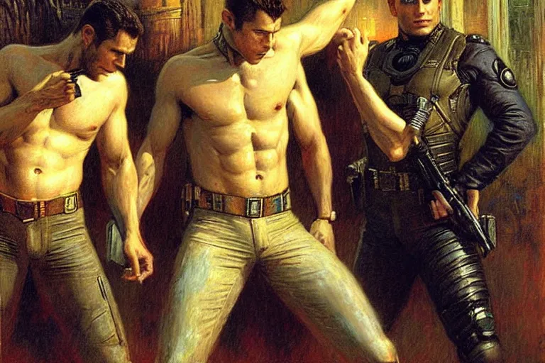 Image similar to albert wesker and chris redfield, painting by gaston bussiere, jean giraud