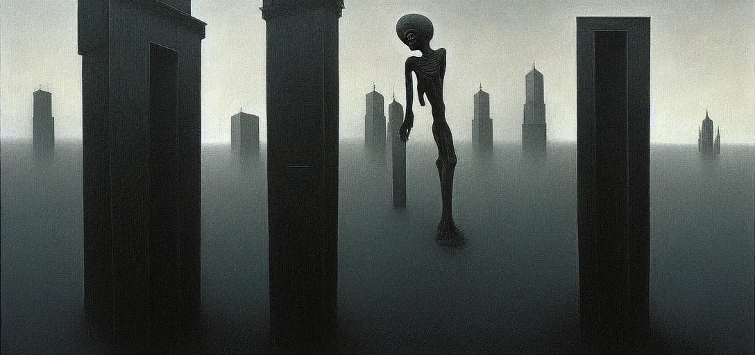 Image similar to dystopian surreal painting of a single eerie head statue surrounded by buildings by zdzisław beksinski and caravaggio