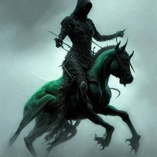 Image similar to concept art by artgerm, pestilence of the four horsemen of the apocalypse, soft green natural light, intricate, hooded death riding a horse, highly detailed dark art, digital painting, artstation, concept art, smooth, sharp focus, illustration, art by greg rutkowski and luis rollo and uang guangjian and gil elvgren, symmetry!