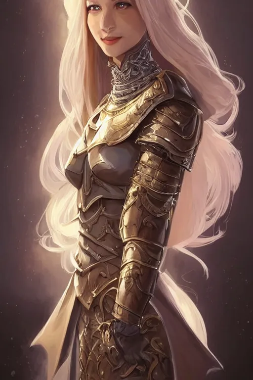 Image similar to a full body portrait of a gorgeous female paladin, D&D, choker on neck, stylish dress, very long flowing hair, intricate, elegant, stylish, cute slightly nerdy smile, mouth slightly open, fantasy, highly detailed, digital painting, artstation, concept art, smooth, sharp focus, illustration, art by artgerm and greg rutkowski and alphonse mucha