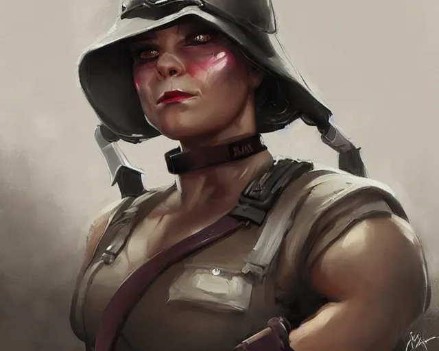 Image similar to portrait of a female bodybuilder ww ii soldier in team fortress 2 style, epic, tragic, dark fantasy art, fantasy, pretty, hd shot, digital portrait, beautiful, artstation, comic style, by artgerm, guy denning, jakub rozalski, magali villeneuve and charlie bowater