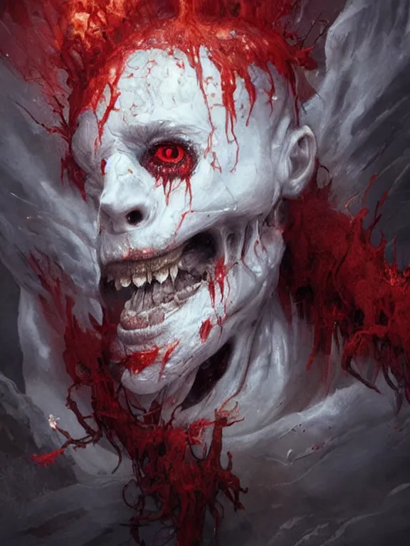 Image similar to painting by greg rutkowski of a flying sorrowful looking human head with tears running down it's eyes, face that is chalk white in color, with long sprawling white tentacles stemming down it's neck, fiery scorching red eyes, flying in a terrying hellish dark cavernous place