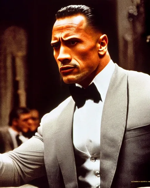 Image similar to film still close up shot of dwayne johnson as vito corleone from the movie the godfather. photographic, photography