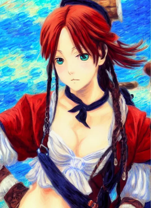 Image similar to a portrait of a female pirate, very anime in impressionist style, anime trending artwork, 4 k, anime painter studio, by claude monet