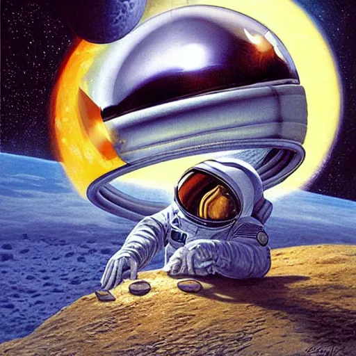 Image similar to hamster, wearing an cosmonaut helmet, russian cosmonaut, on the moon, art by artgerm and david a hardy