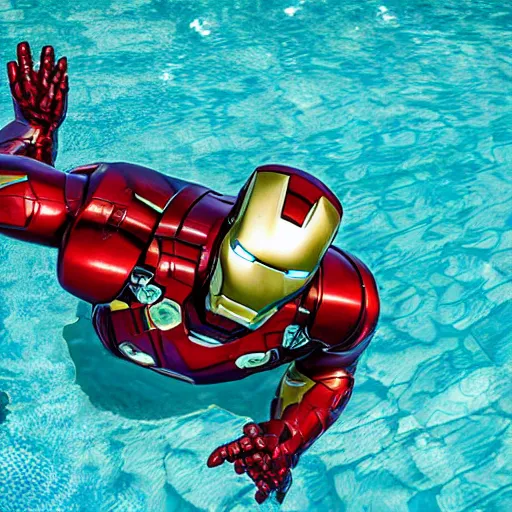 Image similar to iron man suit floating in pool, 4k realistic photo