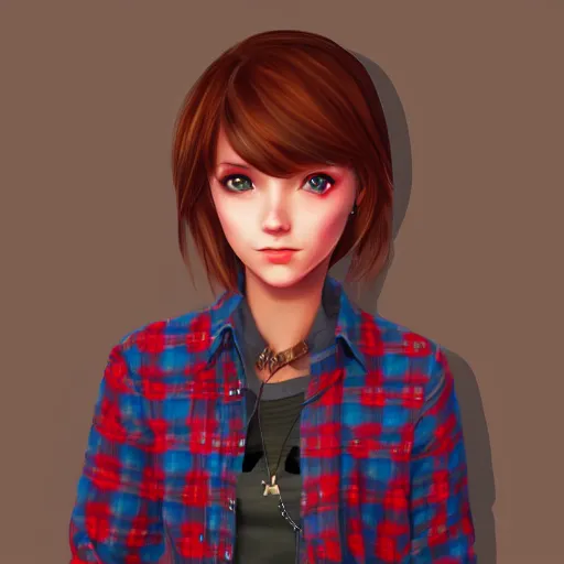 Image similar to a selfie of max caulfield wearing a red plaid flannel shirt, fantasy, intricate, young and cute, highly detailed, digital painting, artstation, concept art, smooth, sharp focus, illustration, unreal engine, life is strange, Edouard Caplain