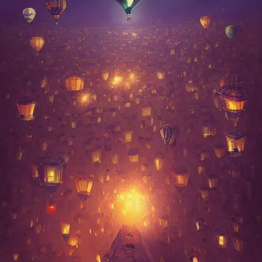 Image similar to a beautiful stunning fantasy whimsical matte digital illustration of a hot - air balloon race over a city at night by marc simonetti, pastel color palette, disney steampunk, chiaroscuro magical bokeh moon stars, trending on artstation hq, masterpiece