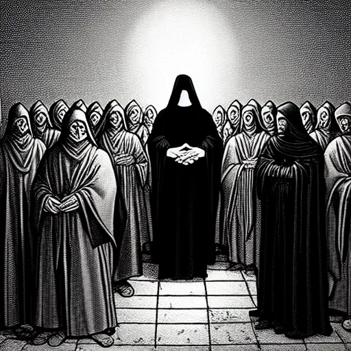 Image similar to the hooded messiah dressed in black robes leads his dark army towards the light, iconic, hero, silhouette, fantasy, epic, large scale, D&D, raphaelite, louvre