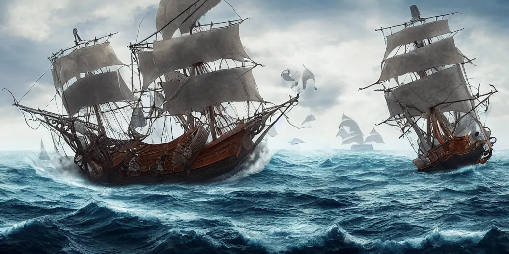 Image similar to pirate ship sailing on rough seas, giant squid 🦑 attacking pirate ship, photorealistic illustration, high quality render, 8 k resolution