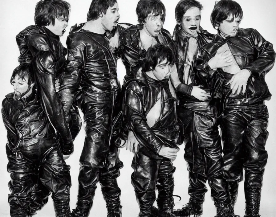 Prompt: dwarf boyband wearing wet leather, 1 9 8 0 surrealism aesthetic, detailed facial expressions