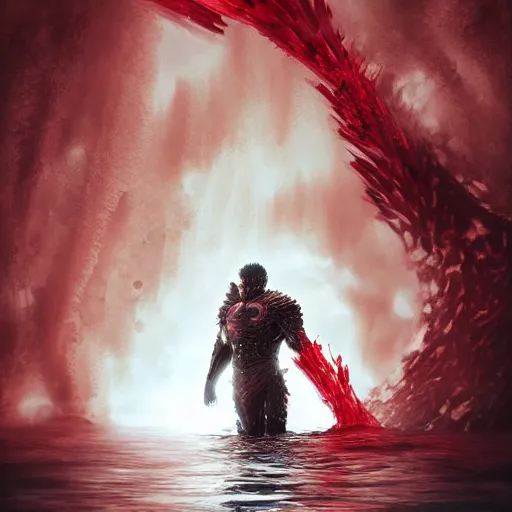 Image similar to guts from berserk submerged in red water, extremely detailed, made by wlop, maxwell boas, Sakimi chan and Anato Finnstark