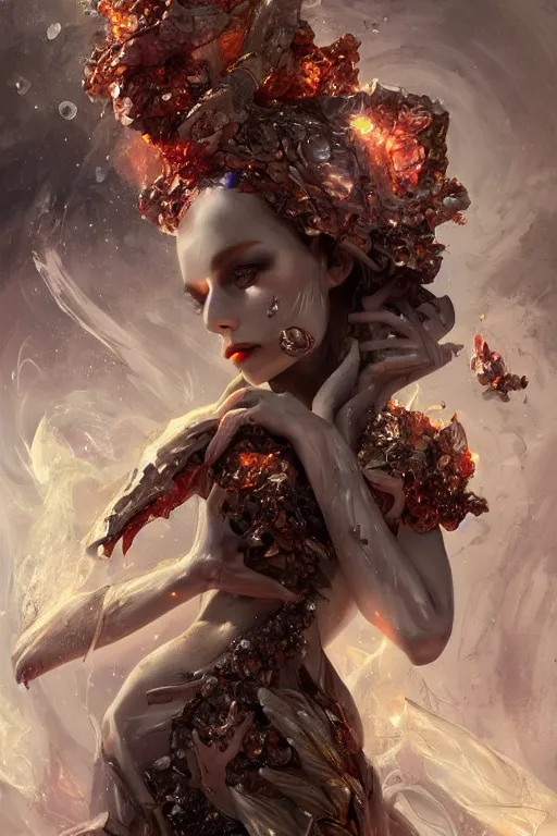 Image similar to torso closeup model wearing exploding flesh and blood crystal dress, sorcerer, diamonds, angel, fantasy, dramatic lighting, highly detailed, digital painting, holding electricity, magic the gathering, hyper detailed, 3 d render, hyper realistic detailed portrait, peter mohrbacher, wlop, ruan jia