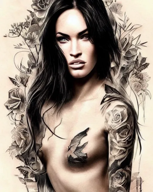 Image similar to creative double exposure effect tattoo design sketch of megan fox faded in beautiful mountain scenery, realism tattoo, in the style of matteo pasqualin, amazing detail, sharp