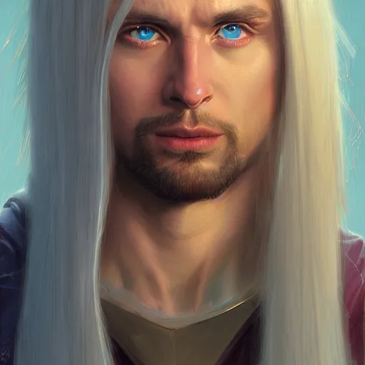 Image similar to 2 7 year old male with blue eyes and long straight blonde hair no beard as a fantasy d & d character, closeup portrait art by donato giancola and greg rutkowski, face, digital art, trending on artstation, symmetry!!