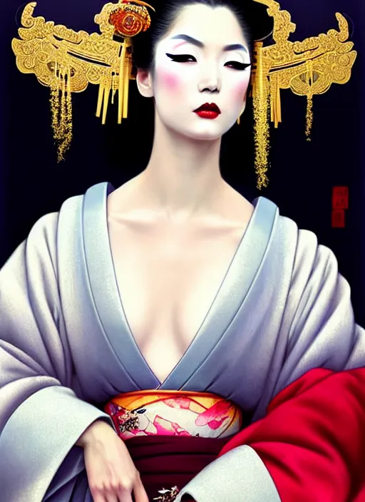 Prompt: glamorous and sexy Geisha portrait, beautiful pale makeup, pearlescent skin, seductive eyes and face, elegant, lacivious pose, very detailed face, highly detailed kimono, some dust in the air, ancient japanese temple on the background, photorealism, portrait by Magali Villeneuve and Steve Argyle,Livia Prima,Mucha,dress,fantasy art,beautiful,artstation,trending on artstation,intricate details,alluring,masterpiece