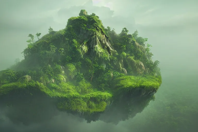 Image similar to mysterious fantastic floating island in the clouds, foggy, lush, dense vegetation, digital painting, octane render, artstation