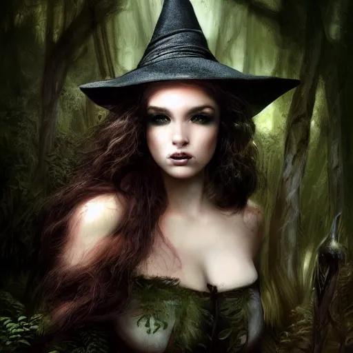Image similar to head and shoulders portrait of a witch in a forest, dark fantasy, mystic, elegant, intricate, face, medium shot, trending on artstation, volumetric light, by Fernanda Suarez and Gil Elvgren