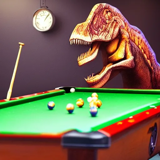 Prompt: realistic high quality image of a tyrannosaurus rex playing pool in an old english pub