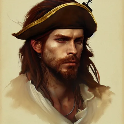 Prompt: portrait of a young rugged pirate, male, masculine, handsome, upper body, red hair, long hair, D&D, fantasy, intricate, elegant, highly detailed, digital painting, artstation, concept art, matte, sharp focus, illustration, art by Artgerm and Greg Rutkowski and Alphonse Mucha