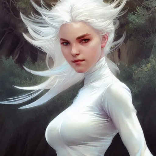 Prompt: minor goddess, white hair, white clothes, full body, highly detailed, digital painting, concept art, artstation, sharp focus, by artgerm and greg rutkowski and alphonse mucha