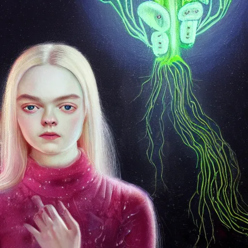 Prompt: portrait of a soviet russian elle fanning surrounded by bioluminescent aliens, detailed realism face in painting, detailed beautiful portrait, oil painting masterpiece, 8 k resolution, smooth, sharp focus, trending on artstation, by rembrandt