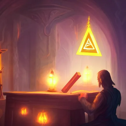 Prompt: A mage reading a spell book at a desk, as he reads the words runes float in the air. Magic, orange lighting, flux. High fantasy, digital painting, HD, 4k, detailed.