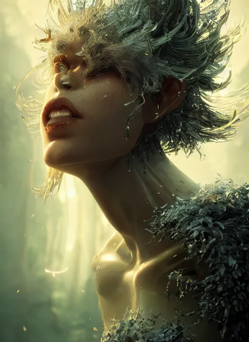 Prompt: stunning biomechanical impish incredible hair, masterpiece crystalline incrustations, hyperdetailed face, elegant pose, movie still, intricate, octane render, cinematic forest lighting, cgsociety, unreal engine, crepuscular rays, god rays