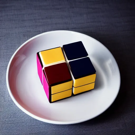 Prompt: Dessert shaped like a rubix cube, Michelin star restaurant food photography