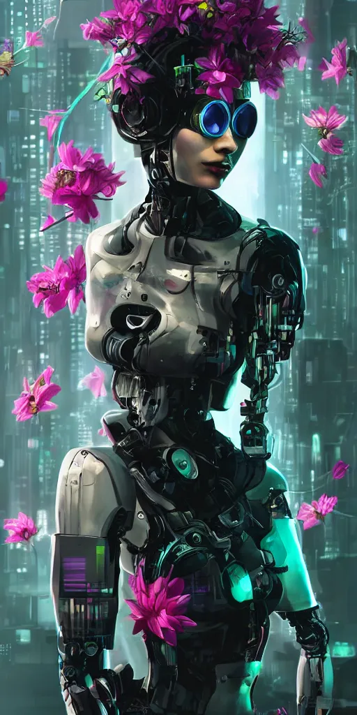 Image similar to Cyber punk 2077 robot girl, very beautiful portrait, Detroit game style, woman wrapped in flowers lily, photorealism