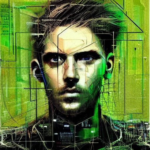 Image similar to hyperrealistic portrait of a cyberpunk man, medium hair, confident, cybernetics, immersed within a network, by Guy Denning, Derek Gores, Russ Mills, glitch art, hyper focus, fined detail, polished, complex, hacking effects, holographic, digital tech effects, color blocking!, green, realistic, acrylic on canvas, concept art, abstract, 8k. trending on cgsociety, trending on artstation