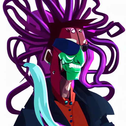 Image similar to CGI psychic punk rocker electrifying rockstar with a giant vampiric squid for a head concept character designs of various shapes and sizes by genndy tartakovsky and Lauren faust