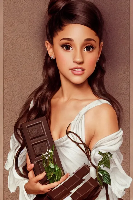 Prompt: beautiful cottagecore Ariana Grande holding a chocolate colored vase. intricate, elegant. the background is chocolate !. highly detailed, digital painting, artstation, concept art, smooth, sharp, focus, illustration. . art by artgerm and greg rutkowski and alphonse mucha