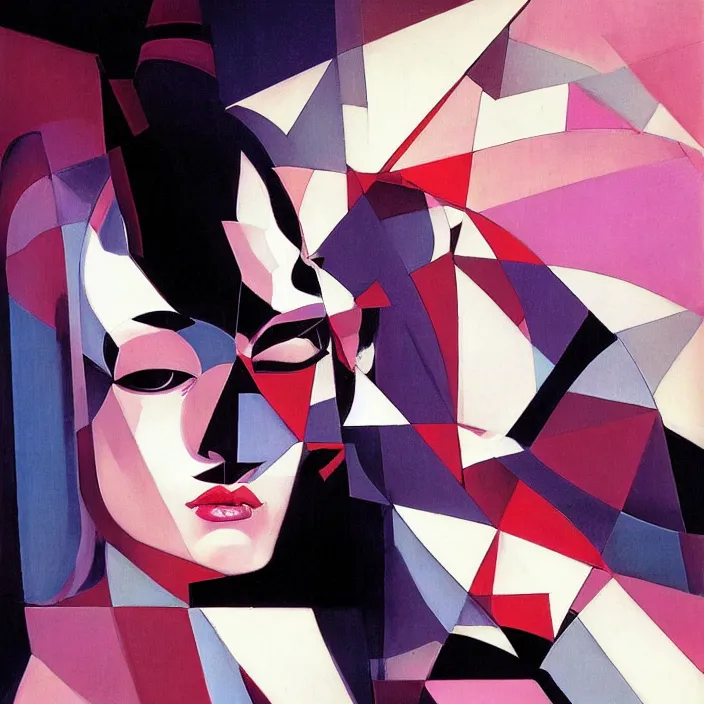 Prompt: abstract portrait of a hyperbeautiful catgirl, geometric, anime style, caravaggio, syd mead