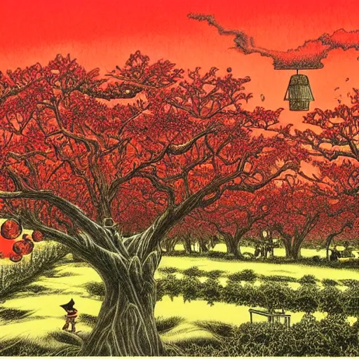 Image similar to warm red, steampunk eclectic, shadowy by shotaro ishinomori, by todd schorr. a beautiful drawing depicting a farm scene. the drawing shows a view of an orchard with trees in bloom.