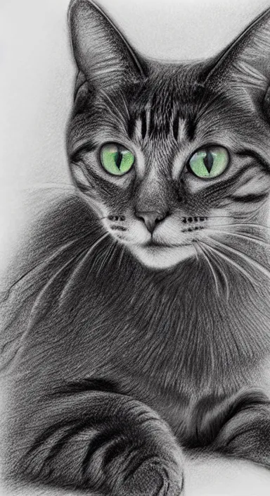 Image similar to highly detailed full body realistic pencil sketch of a beautiful cat with big green eyes in front of the galaxy stars