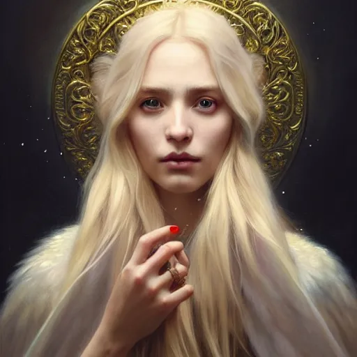 Image similar to portrait painting of a beautiful blonde lady with a kind face wearing a feathered cloak and a fancy dress, ultra realistic, concept art, intricate details, eerie, highly detailed, photorealistic, octane render, 8 k, unreal engine. art by artgerm and greg rutkowski and charlie bowater and magali villeneuve and alphonse mucha