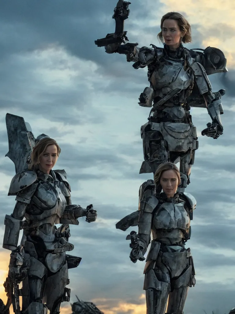 Image similar to emily blunt in futuristic power armor, standing atop a hill, holding a sword, edge of tomorrow, angel of verdun, sunset