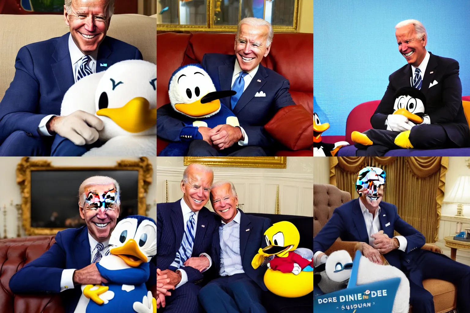 Prompt: Joe biden snuggled up on the sofa with Donald duck watching TV