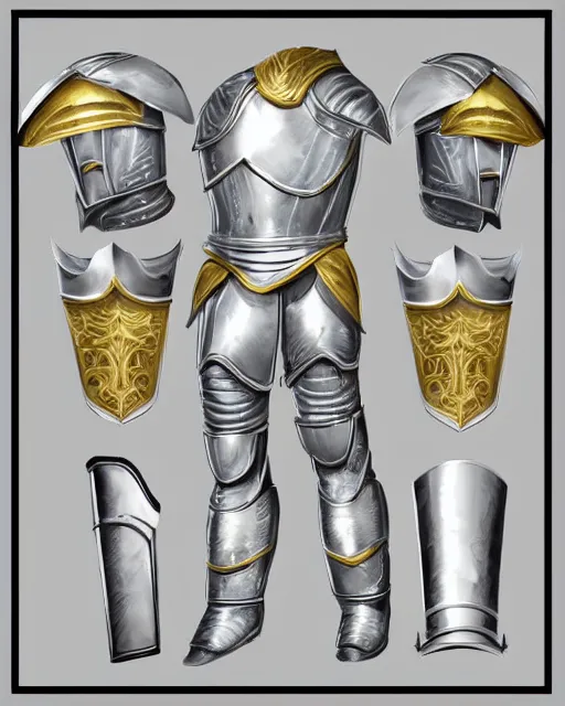 Image similar to suit of fantasy armor, clean silver armor with gold trim, flat shading, professional digital art, extremely high-quality