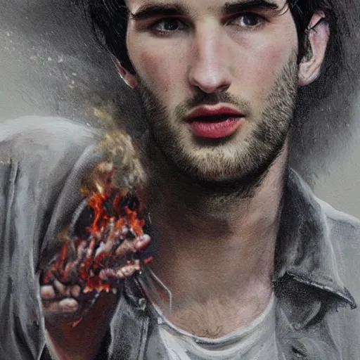 Image similar to the hyper - realistic painting of tom sturridge as sandman fighting against lucifer